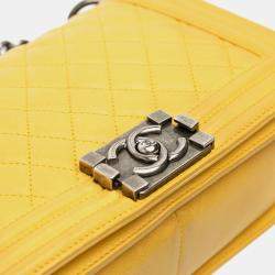 Pre Owned Chanel Yellow Old Medium Quilted Calfskin Boy Flap