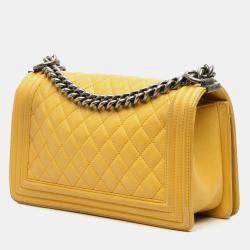 Pre Owned Chanel Yellow Old Medium Quilted Calfskin Boy Flap