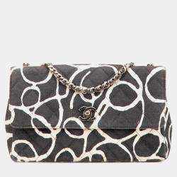 Pre Owned Chanel Black White Medium CC Quilted Printed Canvas Single Flap Bag