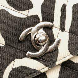 Pre Owned Chanel Black White Medium CC Quilted Printed Canvas Single Flap Bag