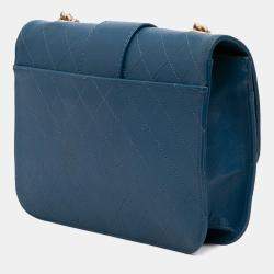 Pre Owned Chanel Blue Large Quilted Sheepskin Front Chain Flap