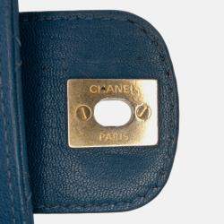 Pre Owned Chanel Blue Large Quilted Sheepskin Front Chain Flap
