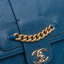 Pre Owned Chanel Blue Large Quilted Sheepskin Front Chain Flap
