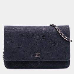 Pre Owned Chanel Blue Lace Overlay Goatskin Wallet On Chain