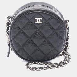 Pre Owned Chanel Black CC Quilted Caviar Round Clutch With Chain