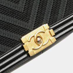 Pre Owned Chanel Black Old Medium Braided Chevron Cotton and Lambskin Boy Flap