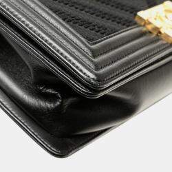 Pre Owned Chanel Black Old Medium Braided Chevron Cotton and Lambskin Boy Flap