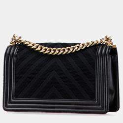 Pre Owned Chanel Black Old Medium Braided Chevron Cotton and Lambskin Boy Flap