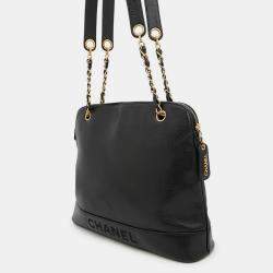 Pre Owned Chanel Logo Black Caviar Leather Chain Shoulder Bag