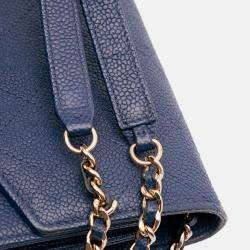 Pre Owned Chanel Blue Square Quilted Grained Calfskin Cuba Thread Around Wallet On Chain