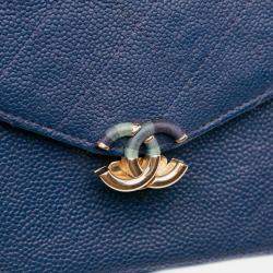Pre Owned Chanel Blue Square Quilted Grained Calfskin Cuba Thread Around Wallet On Chain