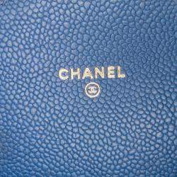 Pre Owned Chanel Blue Square Quilted Grained Calfskin Cuba Thread Around Wallet On Chain