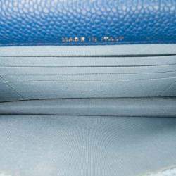 Pre Owned Chanel Blue Square Quilted Grained Calfskin Cuba Thread Around Wallet On Chain