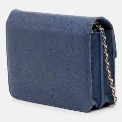 Pre Owned Chanel Blue Square Quilted Grained Calfskin Cuba Thread Around Wallet On Chain