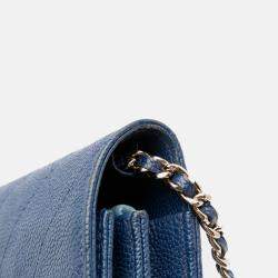 Pre Owned Chanel Blue Square Quilted Grained Calfskin Cuba Thread Around Wallet On Chain