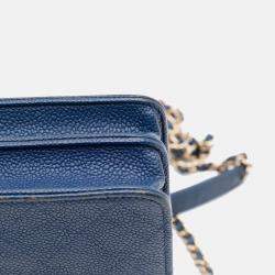 Pre Owned Chanel Blue Square Quilted Grained Calfskin Cuba Thread Around Wallet On Chain