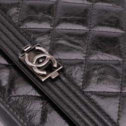 Pre Owned Chanel Black Quilted Shiny Aged Calfskin Boy Wallet On Chain