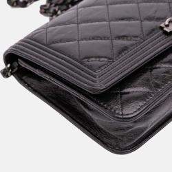 Pre Owned Chanel Black Quilted Shiny Aged Calfskin Boy Wallet On Chain