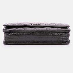 Pre Owned Chanel Black Quilted Shiny Aged Calfskin Boy Wallet On Chain