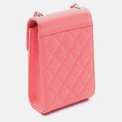 Pre Owned Chanel Half CC Logo Matelasse Red Calfskin Phone Case Chain Shoulder Bag