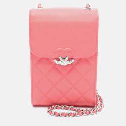Pre Owned Chanel Half CC Logo Matelasse Red Calfskin Phone Case Chain Shoulder Bag