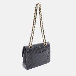 Pre Owned Chanel Matelasse Paris Limited Black Lambskin Double Flap Chain Shoulder Bag