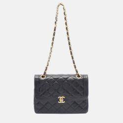 Pre Owned Chanel Matelasse Paris Limited Black Lambskin Double Flap Chain Shoulder Bag