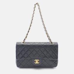 Pre Owned Chanel Matelasse Double Flap Chain Shoulder Bag Lambskin Black Ghw