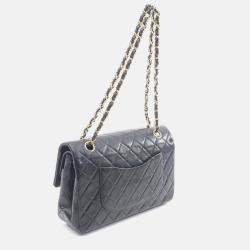 Pre Owned Chanel Matelasse Double Flap Chain Shoulder Bag Lambskin Black Ghw