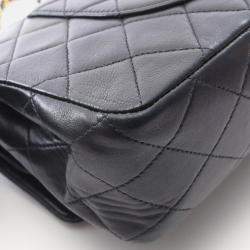 Pre Owned Chanel Matelasse Double Flap Chain Shoulder Bag Lambskin Black Ghw