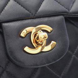 Pre Owned Chanel Matelasse Double Flap Chain Shoulder Bag Lambskin Black Ghw