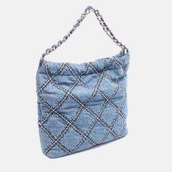 Pre Owned Chanel 22 Chain Shoulder Tote Bag Denim Leather Navy