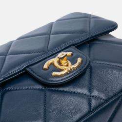 Pre Owned Chanel Navy Blue Mini Square Quilted Lambskin Bijoux Logo Chain Flap