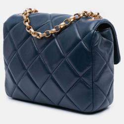 Pre Owned Chanel Navy Blue Mini Square Quilted Lambskin Bijoux Logo Chain Flap