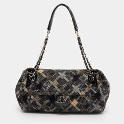 Pre Owned Chanel Black/Grey Tweed Patchwork CC Accordion Vintage Flap Bag