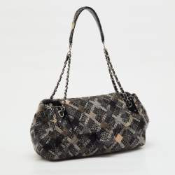 Pre Owned Chanel Black/Grey Tweed Patchwork CC Accordion Vintage Flap Bag