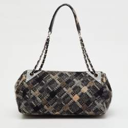 Pre Owned Chanel Black/Grey Tweed Patchwork CC Accordion Vintage Flap Bag