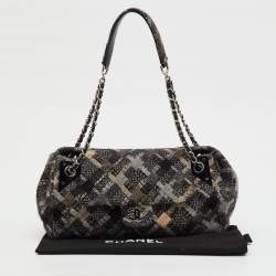 Pre Owned Chanel Black/Grey Tweed Patchwork CC Accordion Vintage Flap Bag