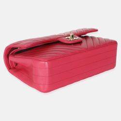 Pre Owned Chanel Dark Pink Chevron Lambskin Small Classic Double Flap Bag