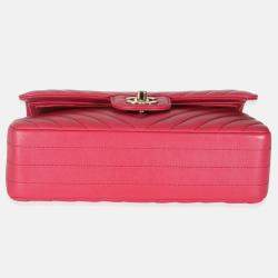 Pre Owned Chanel Dark Pink Chevron Lambskin Small Classic Double Flap Bag