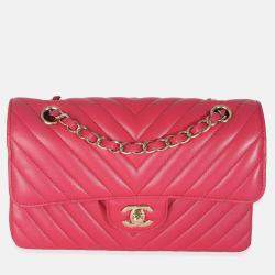 Pre Owned Chanel Dark Pink Chevron Lambskin Small Classic Double Flap Bag
