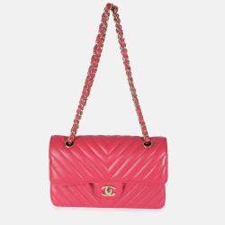 Pre Owned Chanel Dark Pink Chevron Lambskin Small Classic Double Flap Bag