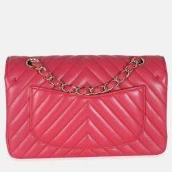 Pre Owned Chanel Dark Pink Chevron Lambskin Small Classic Double Flap Bag