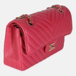 Pre Owned Chanel Dark Pink Chevron Lambskin Small Classic Double Flap Bag