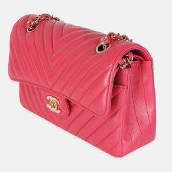 Pre Owned Chanel Dark Pink Chevron Lambskin Small Classic Double Flap Bag