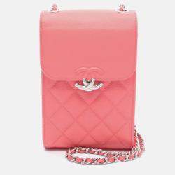 Pre Owned Chanel Pink CC Quilted Caviar Phone Holder with Chain