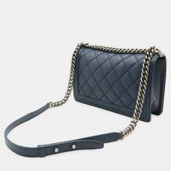 Pre Owned Chanel Boy Chanel Navy Calfskin Leather Matelassé Coco Mark Wild Stitch Chain Shoulder Bag