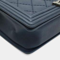 Pre Owned Chanel Boy Chanel Navy Calfskin Leather Matelassé Coco Mark Wild Stitch Chain Shoulder Bag