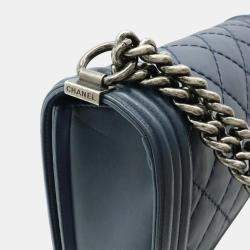 Pre Owned Chanel Boy Chanel Navy Calfskin Leather Matelassé Coco Mark Wild Stitch Chain Shoulder Bag