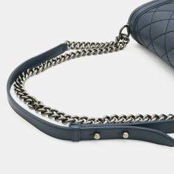 Pre Owned Chanel Boy Chanel Navy Calfskin Leather Matelassé Coco Mark Wild Stitch Chain Shoulder Bag